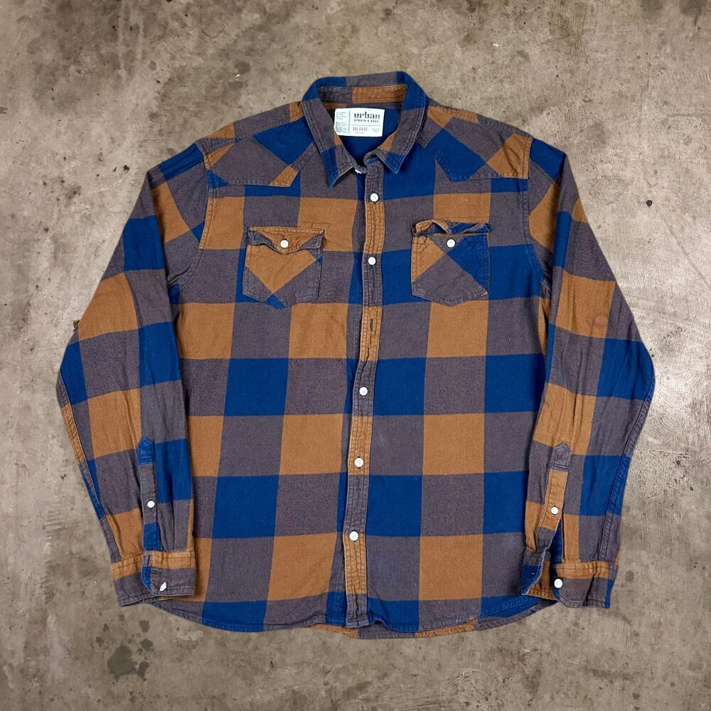 Urban Pipeline Plaid Button Down Long Sleeve Shirt Top Brown Blue Mens Size XXL